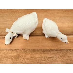 Charming Vintage White & Gold Porcelain Goose Figurine Duo